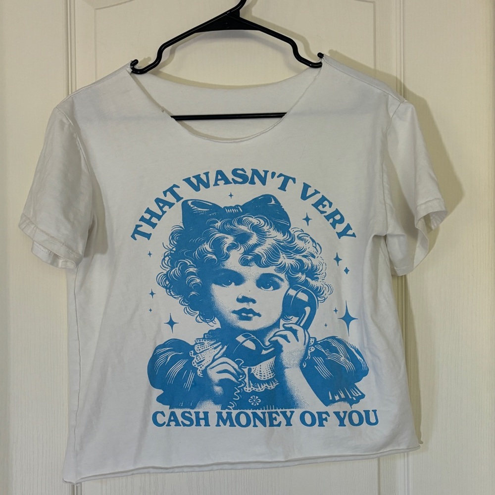 Graphic Meme Tee “That Wasn’t Very Cash Money of You” Blue Angel – Cropped S/M